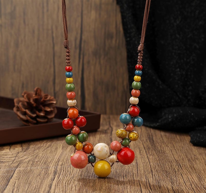 DS Boho Beaded Necklace for Women–Colorful Ceramic & African Tribal Beads, Adjustable Long Chunky Bohemian Jewelry with Gift Box Packaging,Hippie Witchy Vintage Handmade Fashion Statement Necklace - Image 2